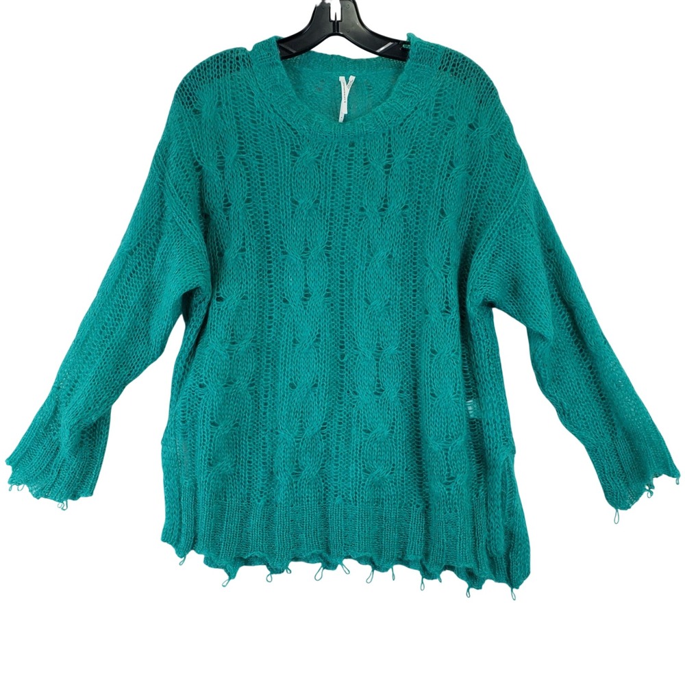 Anthropologie Wool Sweater Womens S Teal Distressed Open Knit Made in Italy